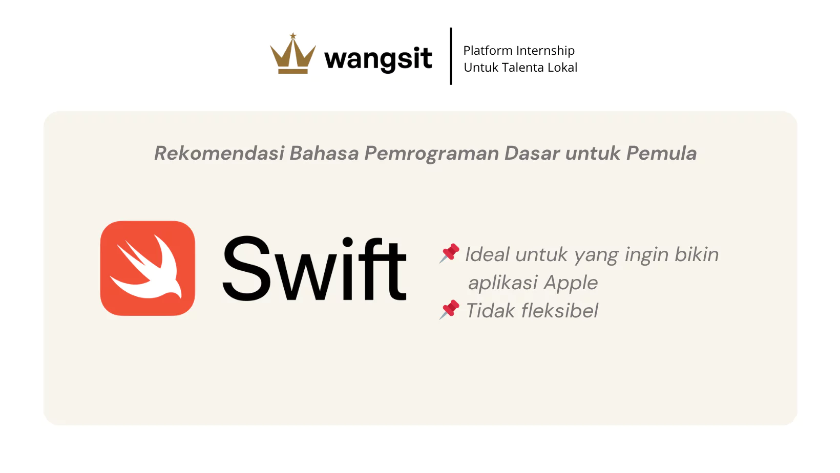 Rekomendasi Bahasa Pemrograman Dasar untuk Pemula yaitu swift.
