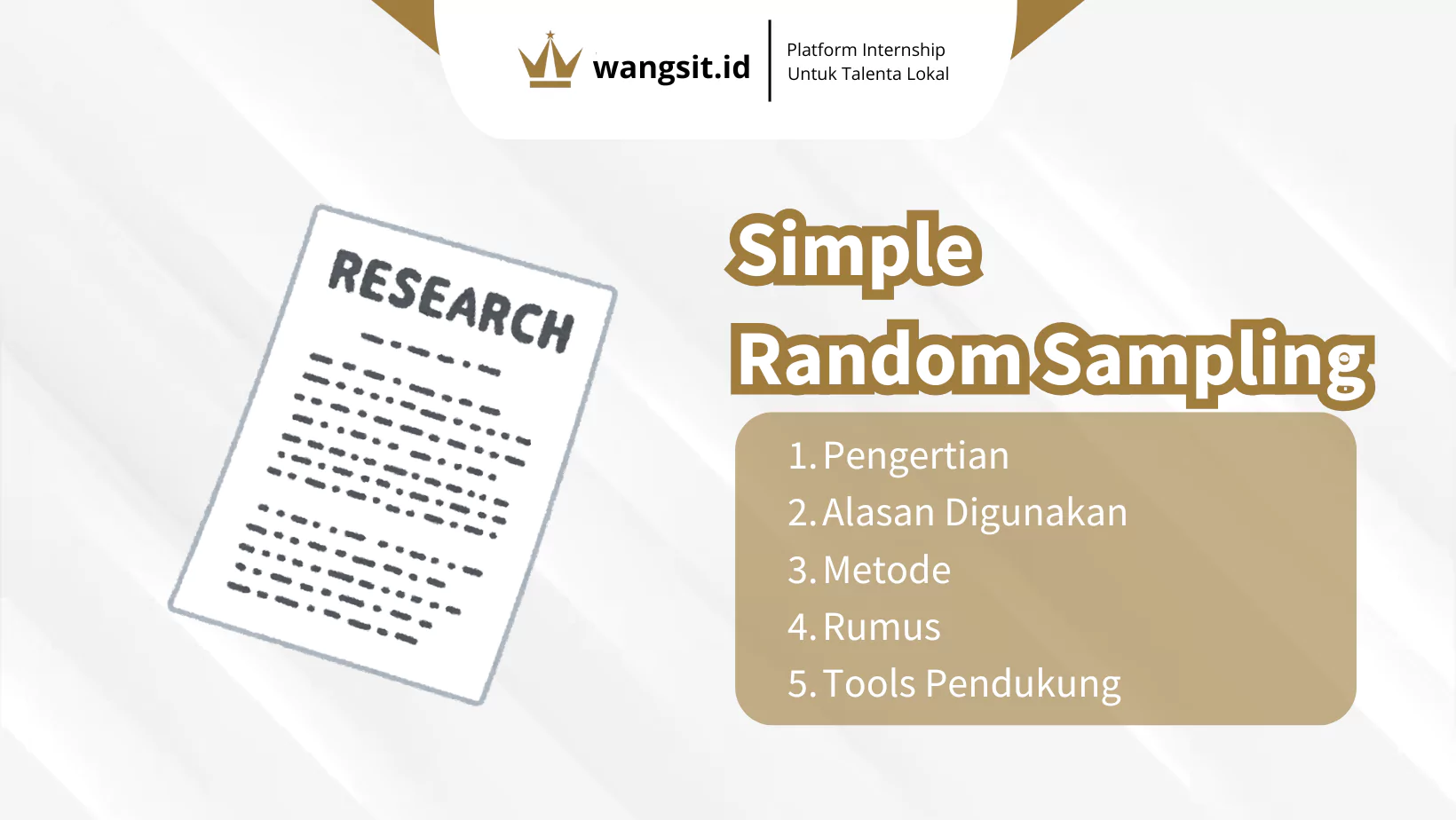 Ilustrasi sampul artikel dengan elemen berkas penelitian serta teks yang menjelaskan isi artikel tentang Simple Random Sampling.