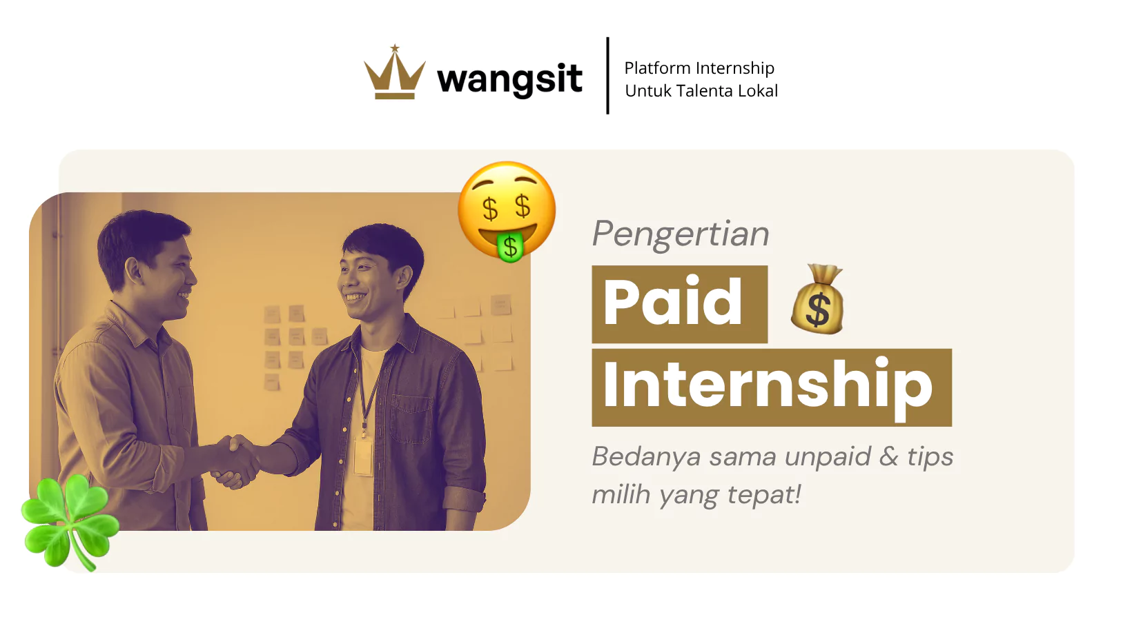 Sampul artikel tentang paid internship dengan ilustrasi seorang mahasiswa yang sedang berjabat tangan dengan pegawai kantor untuk on boarding.