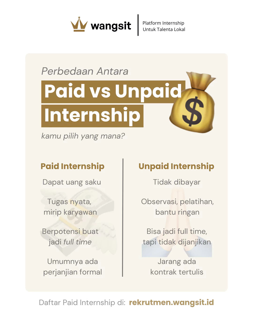 Infografis tabel perbedaan unpaid dan paid internship adalah