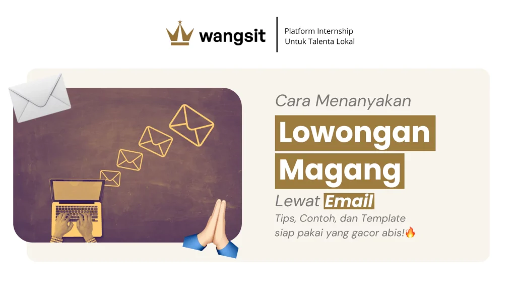 Ilustrasi laptop dengan beberapa ikon surat elektronik untuk sampul artikel tentang cara menanyakan lowongan magang lewat email.