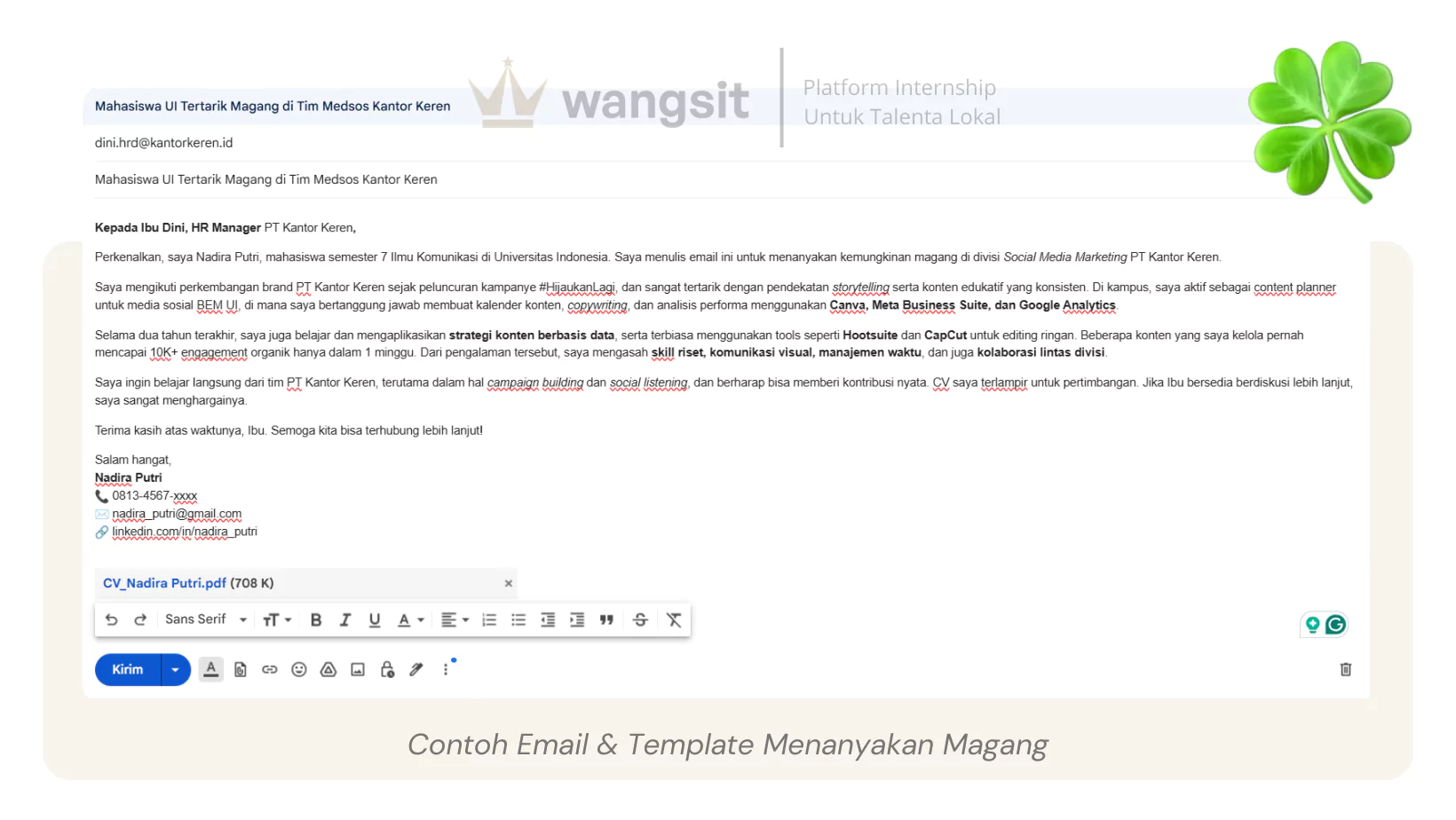 Tangkapan layar draft contoh email menanyakan lowongan magang.