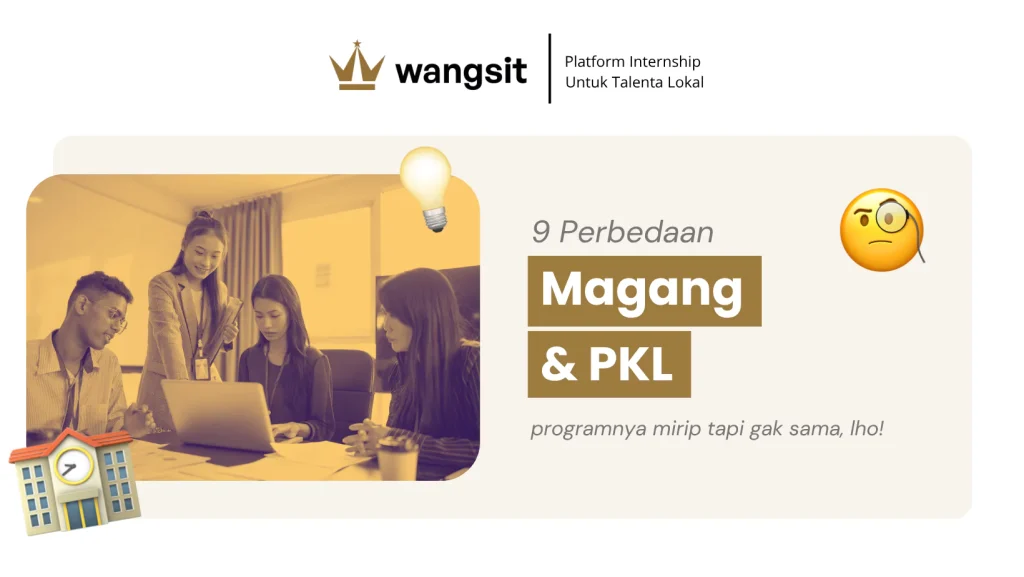 Sampul artikel tentang perbedaan magang dan praktek kerja lapangan dengan gambar sekumpulan pekerja yang sedang brainstorming di ruangan kantor.