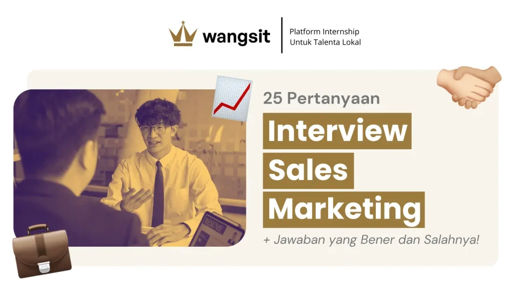 Sampul artikel berjudul 25 pertanyaan interview sales marketing dengan ilustrasi dua orang pria berbusana formal yang nampak sedang dalam proses wawancara.