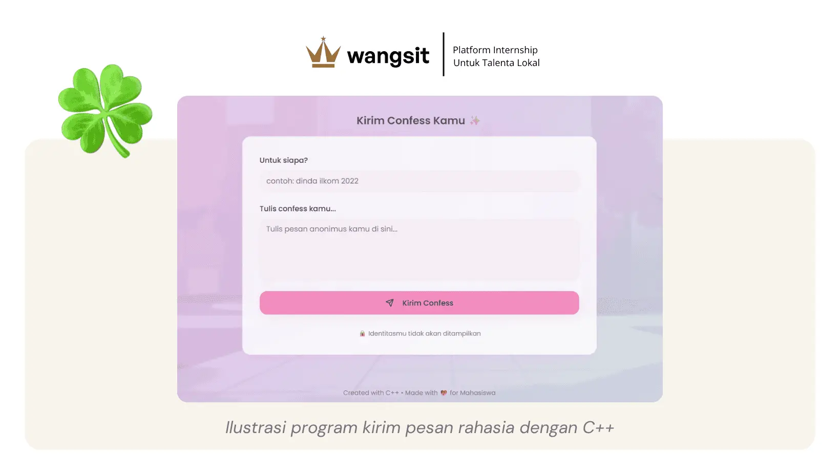 Screenshot contoh program C++ yang menarik, Confess Anonim Mahasiswa dengan contoh pesan dan form kirim confess